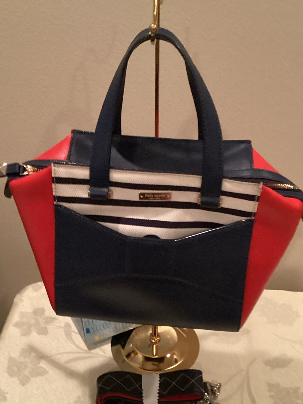 Kate Spade 2 Park Avenue Small Beau Bag Satchel-Nautical Navy/Red Striped.